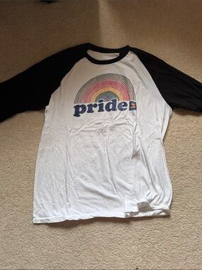 Black Sleeve White Baseball Tee with Rainbow "pride" Graphic